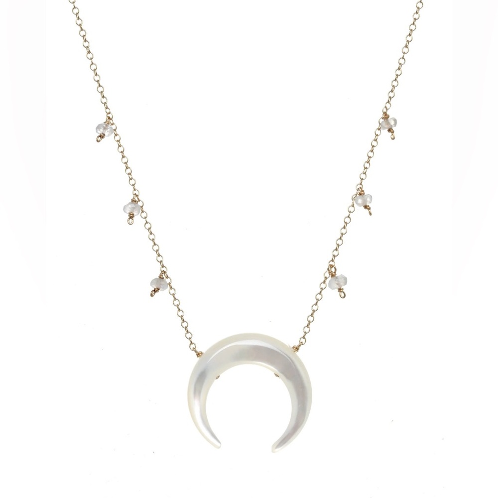 KOZAKH MOTHER OF PEARL CRESCENT MOON MOONSTONE CHARM NECKLACE